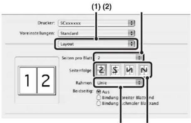 (1) (2) Drucker: SCxxxxxx Voreinstellungen: Standard Layout Seiten pro Blatt: 2 Seitenfolge: Rahmen: Linie Beidseitig: Aus Bindung: breiter Blatt und Bindung: schmaler Blatt und 1 2