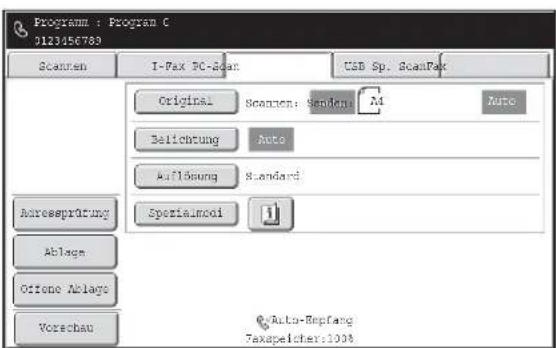 Programm : Program C 0123456789 Scanen I-Fax PC-Scan USD Sp. ScanFak Original Scanen: Sendan M Auto Belichtung Auto Auflösung Standard Abresspräfung Spezialmoi 1 Ablage Offene Ablage Vorschau Auto-Berpfang Taxspelcher:100%