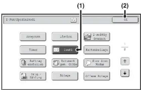 1-Fax/Spezialmodi Programm Löschor Timer Zaut1 Auftrag erstellen Dokument gem. Größe Origin-Züstung Ablage 2-abitig Scannen Kartenbeilage Slow Scan Modus Offmm Ablage (1) (2)
