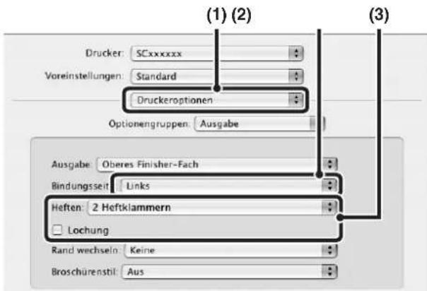 (1) (2) Drucker: SCxxxxxx Voreinstellungen: Standard Druckeroptionen Optionengruppen: Ausgabe Ausgabe: Oberes Finisher-Fach Bindungszeit: Links Heften: 2 Heftklammern Lochung Rand wechseln: Keine Broschürenstil: Aus
