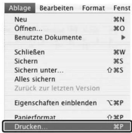 Ablage Bearbeiten Format Fenst Neu N Öffnen... O Benutzte Dokumente ► Schließen W Sichern S Sichern unter... ↑ S Alles sichern Zurück zur letzten Version Eigenschaften einblenden ↘ P Papierformat ↗ P Drucken... P