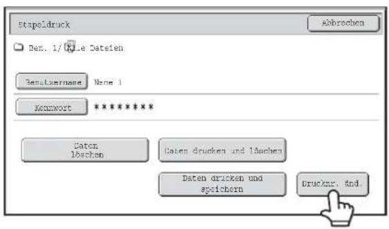 Stapeldruck Abbrochen Dex. 1/01e Datesien Resultsername Name 1 Kraunwort ********** Daten löschern Daten drucken und lächen Daten drucken und speichern Drucknr. and.