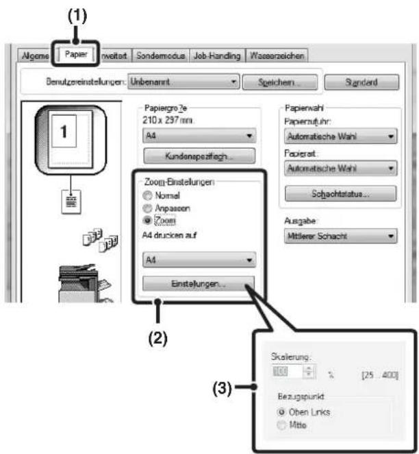 (1) Algeme Paper nweitet Sonderemodus Job-Handling Wasserzeichen Benutzgereinstellungen: Unbenannt Speichern Standard Papiergro 2e 210 x 237 mm A4 Kundenspezifach... Zoom-Einstellungen Normal Anpassen Zoom A4 drücken auf A4 Einstellungen... Papierwahl Paperzuhrer: Automatische Wahl Fauierat: Automatische Wahl Schachtstatus... Ausgabe: Mitlerer Schacht (2) (3) Skalerung: 100% [25,400] Bezugspunkt: Oben Links Mito