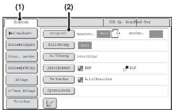 (1) (2) Scanen USB Sp. ScanFaxI-Pax Original Scanen: Auto A4 Senden: Original Abrebuch Abreasingate Rinat. gender Abreserfring Ablage Offene Ablage Vorschau Belichtung Auto Auflösung 200x250dpi Dataformat PDF PDF Pa-Imulus Auto/Graultöne Spezialmodi