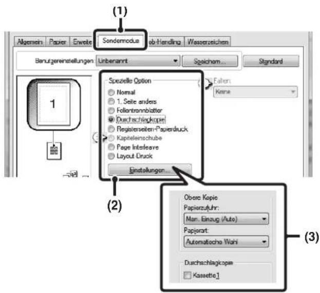 (1) Sondermodus ab-Hendling Wasserzeichen Algemein Paper Enweite Benutzgereinstellungen Unberannt Speichom... Standard Spezielle Option Normal 1. Seile anders Follortrennbblatter Durchschnittskopie Regisierseiten-Paperdruck Kapteleinschube Page Inteileare Layout Druck Einstellungen... Fahen: Keine (2) Oberc Kopic Papierzufuhr: Man. Einzug (Auto) Papjart: Automatische Wahl Durchschnittskopie: Kassette 1 (3)