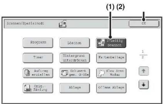 Scanen/Spezialmod1 Programm Iöachon Timer Hintergrund unterdrücken Kartenbeilage Auftrag erstellen Umkument gem. Größe Show Scan Modus Orig. Zahlung Ablage Offene Ablags (1) (2) CX