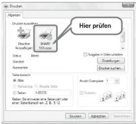 Drucken Albemian Drucker auswechsel Drucker hinzufügen SHARP MX-xxxx Status: Brand Standort: Komponent: Ausgabe in Dati unileten Einstellungen Drucker suchen... Seller-bereich ● Altse ○ Markierung ○ Alquelle Seste ○ Selen: 1-65535 Gaben Sie entweder eine Setenzahl oder einen Sostenbarach ein. Z. B. 5-12 Anzahl Exempläre: 1 Sutteranti: 1 2 3 1 2 3 Drucken Abbrechen Übernehmen