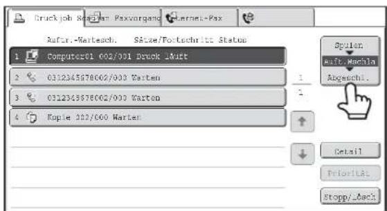 Druck job Register Paxvorgang Internet-Fax Autor.-Wartach. S&ae/Portschritt Status 1 Computer01 002/001 Druck_Aurt 2 0312345878002/000 Warten 3 0312345878002/000 Warten 4 Ropie 222/000 Warten Spulen Aufl.Machla Angeschl. Detail Prioritas Stopp/-Aach