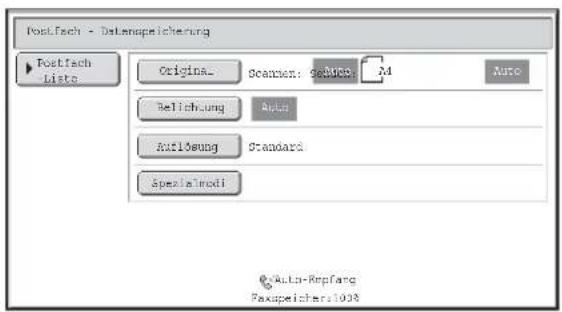 Postfach - Datenapeicherung Postfach Lists Origina... Scanpen: ge##n M Auto Belichung Auto Auflösung Standard Spezialmodi Auto-Repfang Faxapeicher:100%