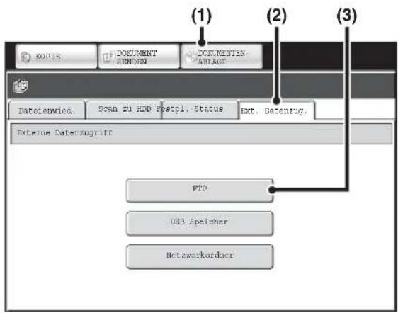 (1) (2) (3) KODIS F DOCUMENT ARMEN F DOCUMENTIN ABLAGE Datolenwio. Scan to HDD Postpl. Status Ext. Datenzug. Externe Datenzugriff PTD USA Speicher Netzwerkordner