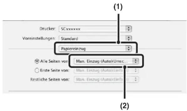 Drucker: SCxxxxxx Voreinstellungen: Standard Papiereinzug Alle Seiten von: Man. Einzug (Auto)(Umsc... Erste Seite von: Man. Einzug (Auto)(Einfla) Restliche Seiten von: Man. Einzug (Auto)(Einfla)