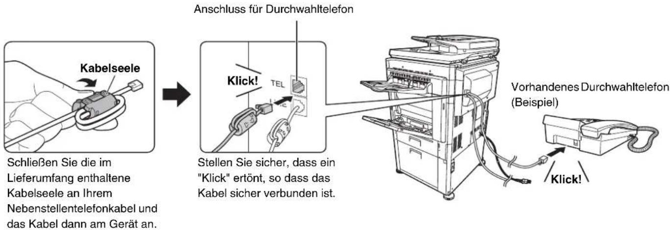 Anschluss für Durchwahltelefon Kabelseele Stellen Sie sicher, dass ein "Klick" ertönt, so dass das Kabel sicher verbunden ist. Vorhandenes Durchwahltelefon (Beispiel) Klick!
