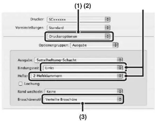 (1) (2) Drucker: SCxxxxxx Voreinstellungen: Standard Druckeroptionen Optionengruppen: Ausgabe Ausgabe: Sattelheftung-Schacht Bindungsseit: Links Heftel: 2 Heftklammern Lochung Rand wechseln: Keine Broschürenstil: Verteilte Broschüre (3)