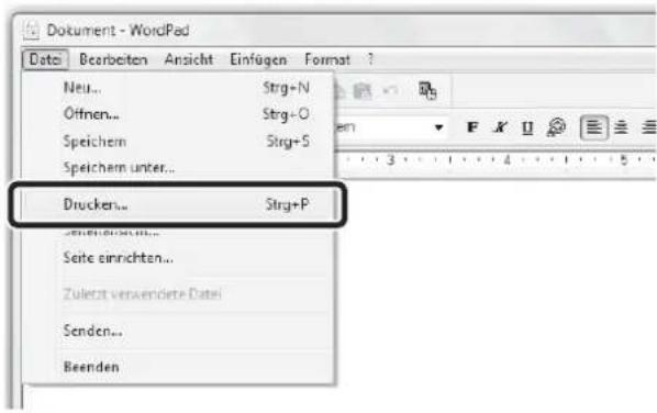 Dokument - WordPad Datei Bearbeiten Ansicht Einfügen Format ? Neu... Strg+N Offnen... Strg+O Speichem Strg+S Speichem unter... Drucken... Strg+P Seite einrichten... Zuletzt verwendete Datei Senden... Beenden