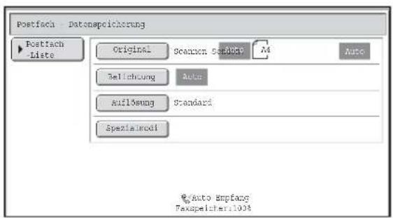 Postfach - Datonspeicherung ► Postfach -Liste Original Scanen Scanesp M4 Auto Beilichung Auto Auflösung Standard Spezialmodi Auto Empfang Faxspeicher:100%