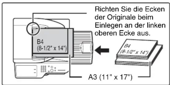Richten Sie die Ecken der Originale beim Einlegen an der linken oberen Ecke aus. B4 (8-1/2" x 14") A3 (11" x 17")