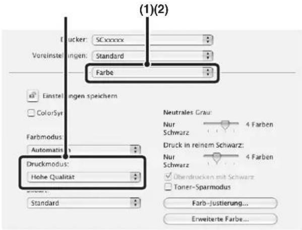 (1)(2) Drucker: SCxxxxx Voreinstellungen: Standard Farbe Einstellungen speichem ColorSyr Farbmodus: Automatis Druckmodus: Hohe Qualität Standard Neutrales Grau: Nur Schwarz 4 Farben Druck in reinem Schwarz: Nur Schwarz 4 Farben Überdrucken mit Schwarz Toner-Sparmodus Farb-Justierung... Erweiterte Farbe...