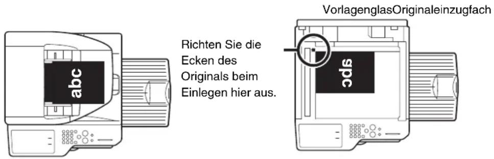 Richten Sie die Ecken des Originals beim Einlegen hier aus. abc VorlagenglasOriginaleinzugfach spc