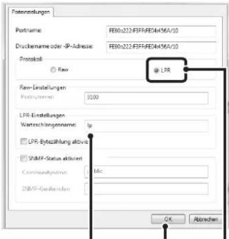 Postenstellungen Portname: FE80s222:F3FFrFE04k56A/10 Druckename oder -IP-Adresse: FE80s222:F3FFrFE04k56A/10 Protokoli Raw @ LPR Raw-Einstellungen Portnummer: 9100 LPR-Einstellungen Warteschlangenname: lp LPR-Bytezahlung aktivie SNMP-Status aktiviert Communahysname: bilc SNMP-Gerlehandes: OK Abarenzen