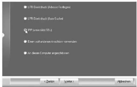 LFR Disktruck (Adesso Fertlogene) LFR Disktruck (Auto Search) IPP (unterstütt SSL) Einen vollanderen Anschlern verwenden An diesen Computer angeschlossen < Zurück Volta> Abbrachten