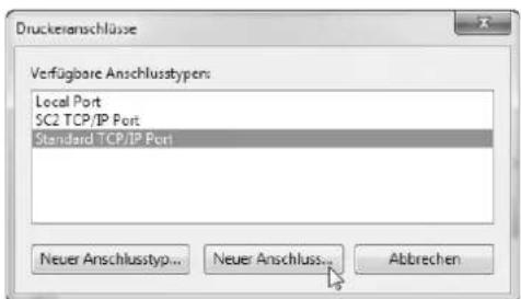 Druckelanschlüsse Verfügbare Anschlusstypen: Local Port SC2 TCP/IP Port Standard TCP/IP Port Neuer Anschlusstyp... Neuer Anschluss... Abbrechen