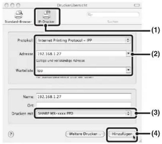 Druckerübersicht Standard-Browser: IP-Drucker Protokoll Internet Printing Protocol - IPP Adresse 192.168.1.27 Gültige und vollständige Adresse Warteliste ipp Name: 192.168.1.27 Ort: Drucken mit SHARP MX-xxxx PPD Weitere Drucker... Hinzufügen