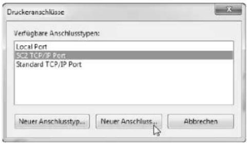 Druckeranschlüsse Verfügbare Anschlusstypen: Local Port SC2 TCP/IP Port Standard TCP/IP Port Neuer Anschlusstyp... Neuer Anschluss... Abbrechen