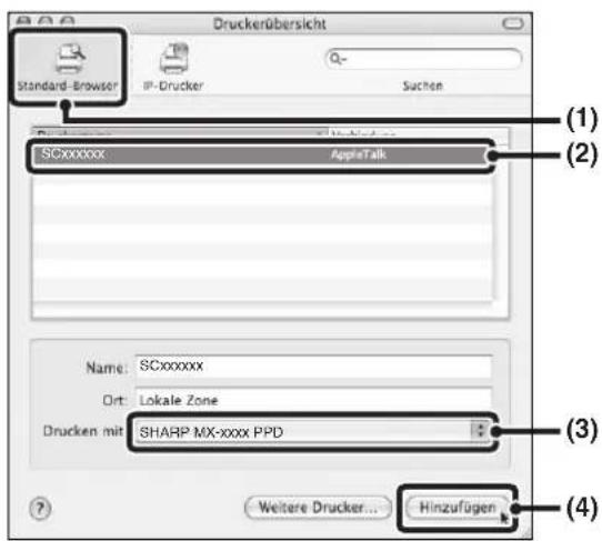 Druckerübersicht Standard-Browser IP-Drucker Suchen (1) (2) SCxxxxxx AppleTalk Name: SCxxxxxx Ort: Lokale Zone Drucken mit SHARP MX-xxxx PPD (3) (4) Weitere Drucker... Hinzufügen