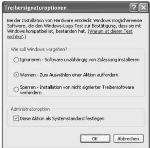 Treibersignaturoptionen Bei der Installation von Hardware entdeckt Windows möglicherweise Software, die den Windows-Logo-Test zur Bestätigung, dass sie mit Windows kompatibel ist, bestanden hat. (Warum ist dieser Test wichtig?) Wie soll Windows vorgehen? ○ Ignorieren - Software unabhängig von Zulassung installieren ○ Warnen - Zum Auswählen einer Aktion auffordern ○ Sperren - Installation von nicht signierter Treibersoftware verhindern Administratoroption ✓ Diese Aktion als Systemstandard festlegen OK Abbrechen