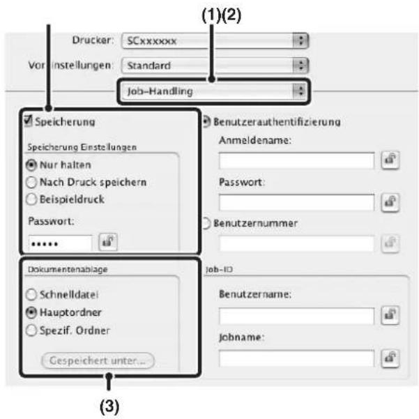 (1)(2) Drucker: SCxxxxxx Vorinstellungen: Standard Job-Handling Speicherung Speicherung Einstellungen Nur halten Nach Druck speichern Beispieldruck Password: ****** Dokumentenablage Schnelldatei Hauptordner Spezif. Ordner Gespeichert unter... Benutzerauthentifizierung Anmeldename: Password: Benutzernummer Job-ID Benutzername: jobname: