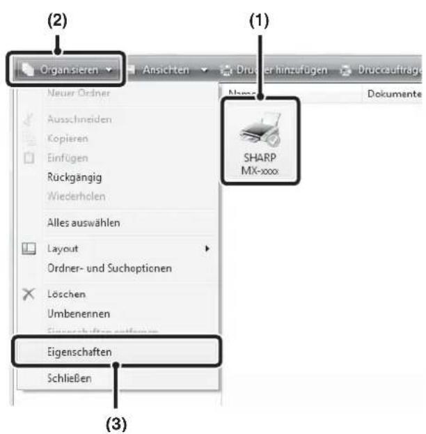 (2) Organisieren Ansichten Drukter hinzufügen Druckaufträge Neuer Ordner Ausschneiden Kopieren Einfügen Rückgängig Wiederholen Alles auswählen Layout Ordner- und Suchoptionen Löschen Umbenennen Eigenchaften aufgaben Eigenschaften Schließen (1) Dokumente SHARP MX-xxx (3)