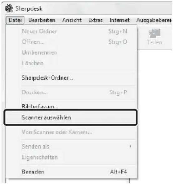 Sharpdesk Datei Bearbeiten Ansicht Extras Internet Ausgabeberei Neuer Ordner Strg+N Öffnen... Strg+O Umbenennien Löschen Sharpdesk-Ordner... Drucken... Strg+P Richt-Erwer... Scanner auswählen Von Scanner oder Kamera... Senden als > Eigenschaften Beenden Alt+F4