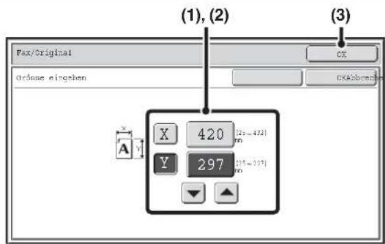 (1), (2) Fax/Original Ordnase eingeben CX OKAbberateln X 420 [25=472] Y 297 [35=357] A Y