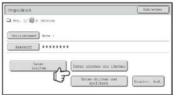 Stapeldruck Abtrechen Pen. 1/01c Datlon Sensitxernang None 1 Password ********** Daten löchen Daten drucken und löchen Daten drucken und speichern Drucknr. sind.