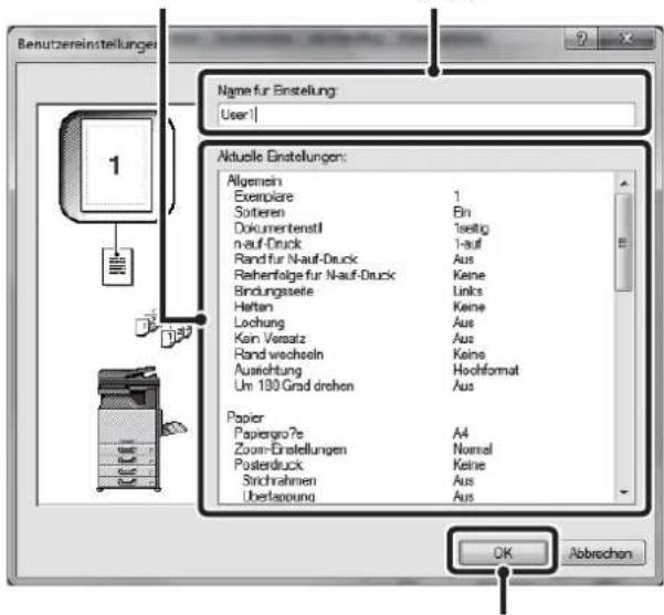 Benutzereinstellungen Name für Einstellung: User1 Aktuelle Einstellungen: Allgemein Exemplare 1 Softeren Ein Dokumentenstil Teitig nauf-Druck Tauf Rand für Nauf-Druck Aus Reihenfolge für Nauf-Druck Keine Bindungsseite Links Heftan Keine Lochung Aus Ken. Versatz Aus Rand wechseln Keine Ausrichtung Hochformat Um 100 Grad drehen Aus Papier Papiergroße A4 Zoom-Eristellungen Nomel Posterdruck Keine Sinchnahmen Aus Übertragung Aus OK Abbrechen