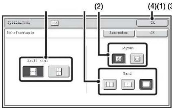 Spezialmodi Mehrflachkopie (2) (4)(1) (3) OK Abbrevien OK Zaxfi 4inl Layout Band