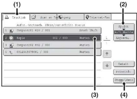 (1) Druckjob Acan an Fax Ergang Internet-Pax Aufr. Wartsech, Atez/fortschritt Status 1 Computer01 020 / 031 Druck Auft 2 Kopie 002 / 000 Warten 3 Computer02 002 / 005 Warten 4 0312343678001 / 000 Warten (2) Spulcr Aufl.Machla Abgesech. + + Detail Priorità: Stopp/Loach (3) (4)