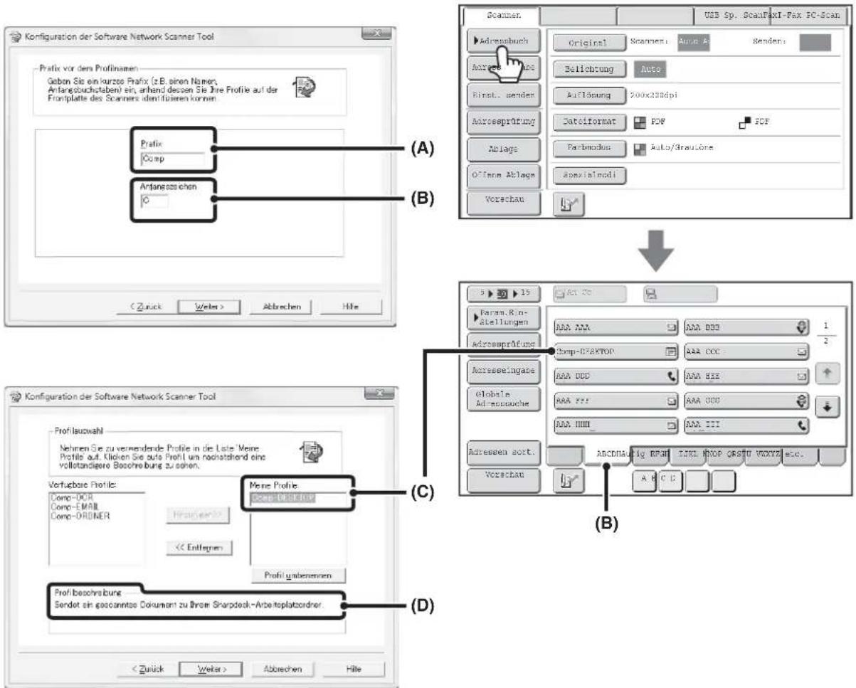 Konfiguration der Software Network Scanner Tool Prafix vor dem Profinamen Gaben Sie ein kurzes Prafix (z.B. einen Namen, Anfangbuchstaben ist ein, anhand dessen Sie Ihre Profile auf der Frontplatte des Scanners identifizieren können (A) Prafix Comp Anteneozschen 0 (B) Weite > Abbrechen Hille Scanen USB Sp. ScanFaxI-Fax FC-Scan Adressbuch Original Scanen: Auto R Senden: Avonem Auto Belichtung Auto First. senden Auflösung 200x33dpi Agraseprüfung Dataformat PDF SDF Ablage Farbroschus Auto/Graubore Offene Ablage Spezialmodi Vorschan 5 19 18 Param. Ein- Stellungen AAA AAA AAA DDD 1 Adressprüfung Comp-DAXTOO AAA CCC 2 Accreseingabe AAA DDD AAA BZZ Globala Adressanche AAA FER AAA DDD AAA DDD AAA DDD Addressen sort: ABCDMAHIG RPMI TIXI HOOP QSTU VOYDS etc. Vorschan A B C D (B) Mere Profile Comp-DAXTOO Cere Abschreibung Sendet ein gescanntes Dokument zu Brune Sharpdeck-Arbeitsplatborder. (C) Vorfügbare Profile: Comp-PCR Comp-EMAR Comp-ORDERER Profil ausgewinnem << Entlegen Profit ausgewinnem Profit beschreibung Sendet ein gescanntes Dokument zu Brune Sharpdeck-Arbeitsplatborder. (D)