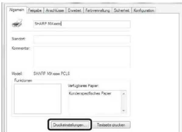 Algemein Freigebe Anschlüssa Ewetet Fertbrerwaltung Sicherheit Konfiguration SHARP MX-xxx Standort: Kommentar: Model: SHARP MX-xxx PCL6 Funktionen Verfügbaree Papier: Kundenspezifisches Papier Druckeinstellungen... Testsete drucken