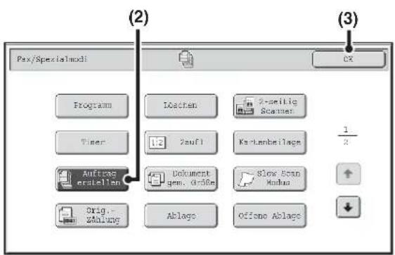 (2) Pex/Spexialmodi CX Program IOachen 2-seitig Scimen Timer Zufl Kartenbeitlage 1/2 Auftrag erstellen Dokument gem. Größe Slow Scan Modus Orig. Ablagc Offono Ablage