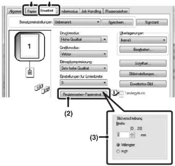 Algensel Papier Erweitet ndemodus Job-Handling Wassarzeichen Benutzereinstellungen: Unbenannt Speichem... Standard Drugikmodus: Höhe Qualität Grafikmodus: Vektor Bitnaplsomprimierung: Selv hohe Qualität Einstellungen für Lrienbrete 0 Überlagerungen (Keine) Bearbeiten... Sohyttat... Bildeinstellungen... Erweitertes Bild... Restisierseiten-Papierestät. Tandergdruck (2) (3) Bildverschiebung Brote: [D . 20] mm. Mitmeter Inch