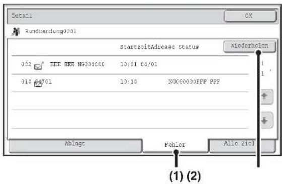 Detail: Rundverschung0301 StartzeitAdresec Status Wiederholen 032 IEE BEE NG00000 10:01 04/01 010 A701 10:10 NG000001FP PFP Ablage Fohler Alle ziel (1) (2)