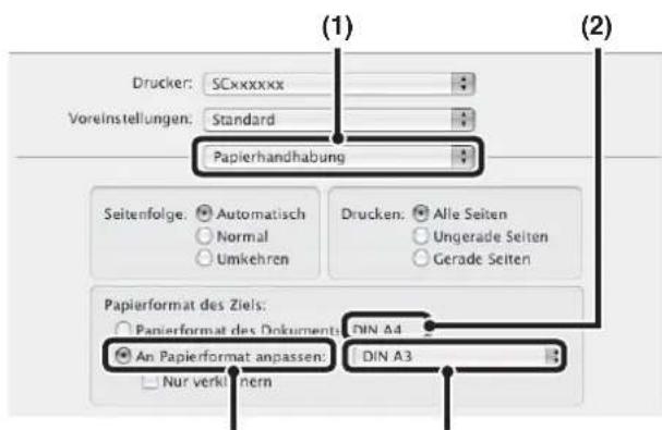 (1) Drucker: SCxxxxxx Voreinstellungen: Standard Papierhandhabung Seitenfolge: Automatisch Normal Umkehren Drucken: Alle Seiten Ungerade Seiten Gerade Seiten Papierformat des Ziels: Papierformat des Dokumenten: DIN A4 An Papierformat anpassen: Nur verklinnern DIN A3