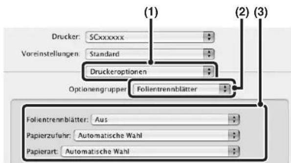 Drucker: SCxxxxxx Voreinstellungen: Standard Druckeroptionen Optionengrupper: Folientrennblätter Folientrennblätter: Aus Papierzufuhr: Automatische Wahl Papierart: Automatische Wahl