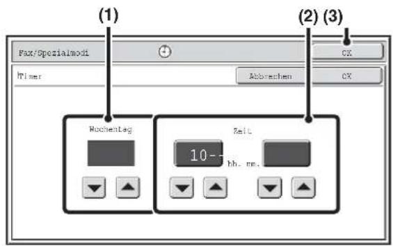 (1) Fax/Opazialmodi Timer (2) (3) Aborechen CX Mochentag Zeit 10- hh. mm.