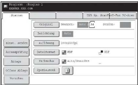Program :Program 1 xxxxxxx.xxx.com Scanen Original Scanen: Auto PA4 Senden: Belichtung Auto Binst. senden Auflösung 200x200dpi Accresprörung Dateformat PDF FCF Ablage Farbandus Auto/Barautöne Offene Ablage Spezialmodi Vorschau