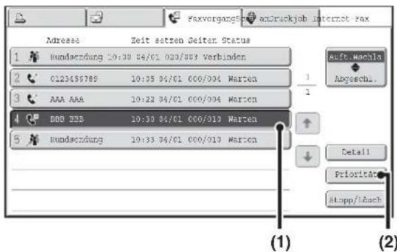 Faxvorgang/Spax anTruckjob internet fax Address Zeit setzen Sester Status 1 Rundacrdung 20:30 04/01 020/093 Verbinden 2 0123436789 10:35 04/01 000/094 Warten 3 AAA AAA 10:22 04/01 000/094 Warten 4 B08 223 10:30 04/01 000/019 Warten 5 Rundacrdung 10:33 04/01 000/019 Warten (1) (2) Aufs.Machla Abgeschl. Detail PrioritaRc Stopp/Lbach