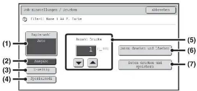 Job-Minstellungen / Drucken File-Cl Name 1 A4 P. Farbe Abbrochen (1) Papierwehl Auto Ausgabe 2-seitig Sperialmodi (2) (3) (4) Anzahl Drucke 1 (5) Daten drucken und löscher (6) Daten drucken und speichera (7)
