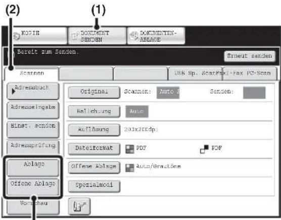 (2) KOSIE DOKUMENT SENDEN DOKUMENTEN- ABLAGE Bereit zum Senden. Erneut senden Scanen USB Sp. ScanPax1-Fax PC-Scan Adrepubuch Original Scanner: Auto T Senden: Adreusingsabe Abilichung Auto Binet. sanson AuflÄbung 201x200dpi Adreansprüfung Dateiformat PDF PDF Ablage Offene Ablage Autos/Graultöne Offene Ablage Spezialmodi Vo-chaou
