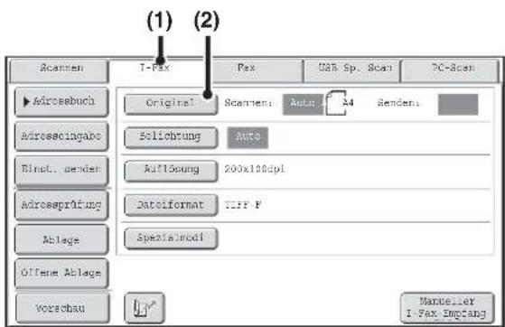 (1) (2) Scanmen I-Fax Pax OBS Sp. Scan PC-Scan Adrossbuch Original Scanmen: Auto 34 Senden: Adrosscingabe Sicherung Auto Rinst. sender Auflösung 200x100dpi Adrossprüfung Dataformat TFF F Ablage Spezialmodi Offene Ablage Vorschau Manuelier I-Fax Emptang